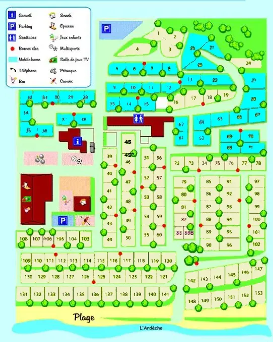 Plan du camping avec les emplacement de mobil homes